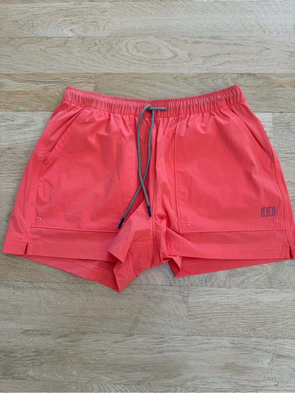 Topo Designs Coral Red Elastic Waist Shorts with Slate Pocket